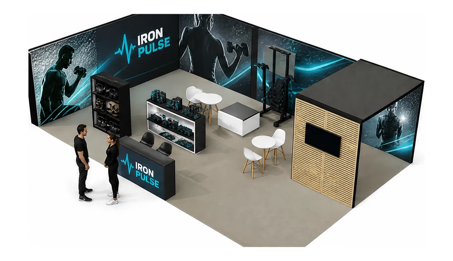 Stoisko 10 × 6 m narożne lewe dla branży fitness i siłownie, przykładowa marka Iron Pulse