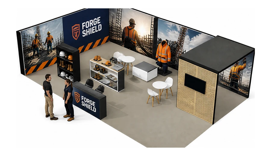 Stoisko 10 × 6 m narożne lewe dla branży BHP i odzież ochronna, przykładowa marka Forge Shield