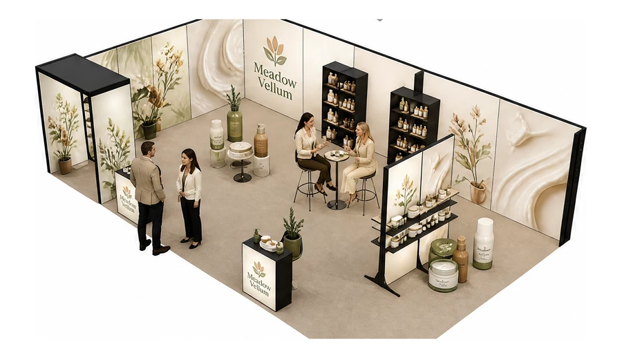 Stoisko 10 × 6 m narożne lewe dla branży kosmetyki naturalne, przykładowa marka Meadow Vellum