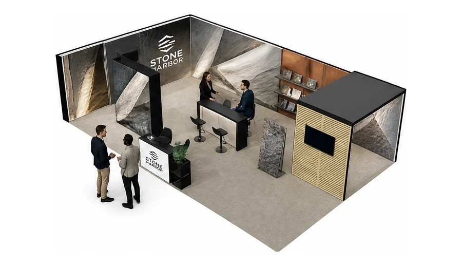 Stoisko 10 × 6 m narożne lewe dla branży materiały budowlane, przykładowa marka Stone Harbor
