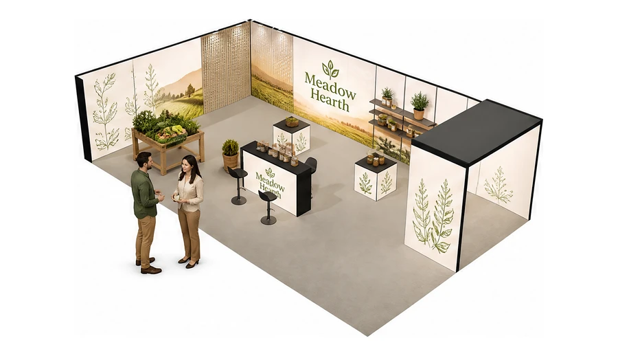 Stoisko 10 × 6 m narożne lewe dla branży żywność ekologiczna, przykładowa marka Meadow Hearth