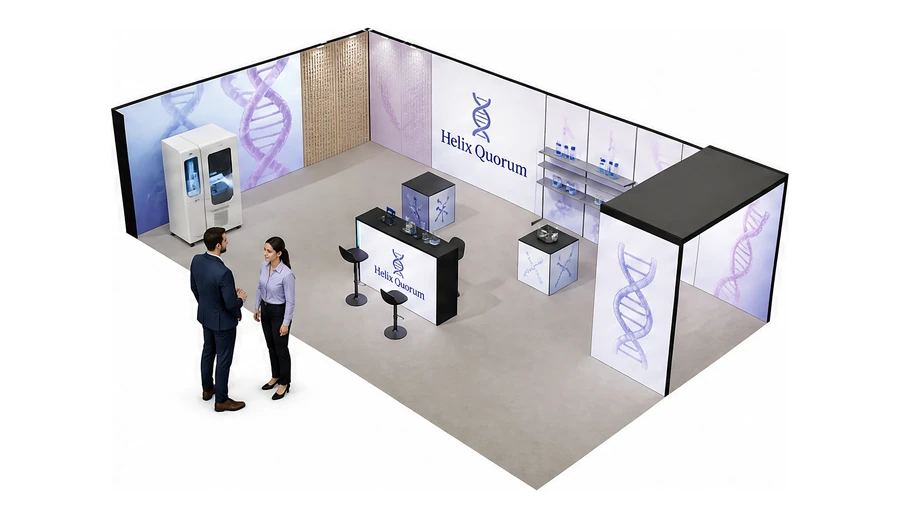 Stoisko 10 × 6 m narożne lewe dla branży farmacja i biotechnologia, przykładowa marka Helix Quorum