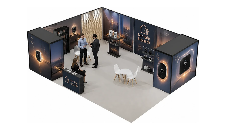 Stoisko 10 × 6 m narożne lewe dla branży smart home i IoT, przykładowa marka Nimble Hearth