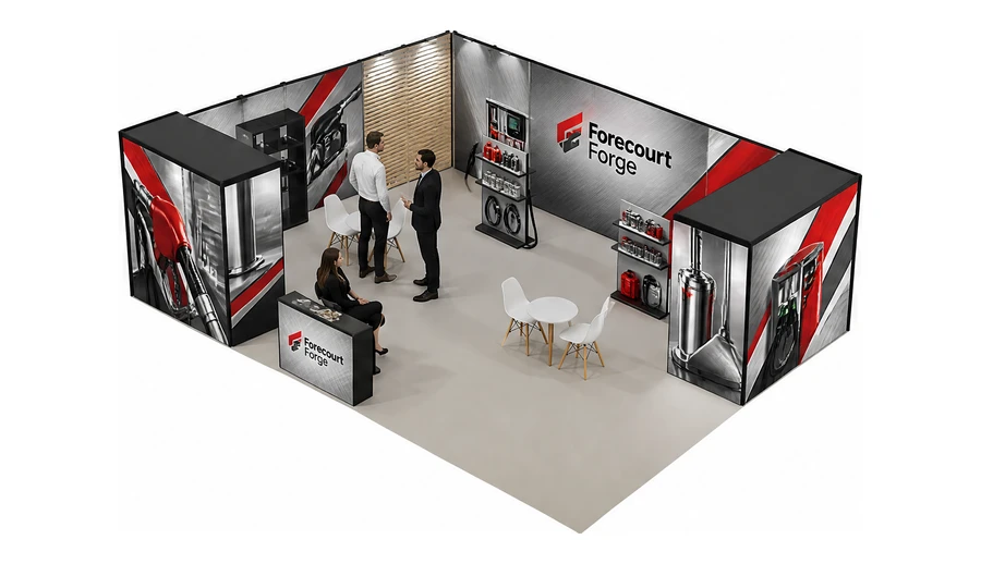 Stoisko 10 × 6 m narożne lewe dla branży stacje paliw, przykładowa marka Forecourt Forge