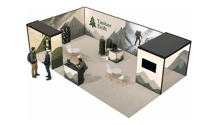 Stoisko 10 × 6 m narożne lewe dla branży odzież i sprzęt outdoorowy, przykładowa marka Timber Drift
