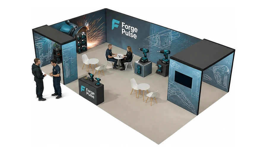Stoisko 10 × 6 m narożne lewe dla branży elektronarzędzia, przykładowa marka Forge Pulse