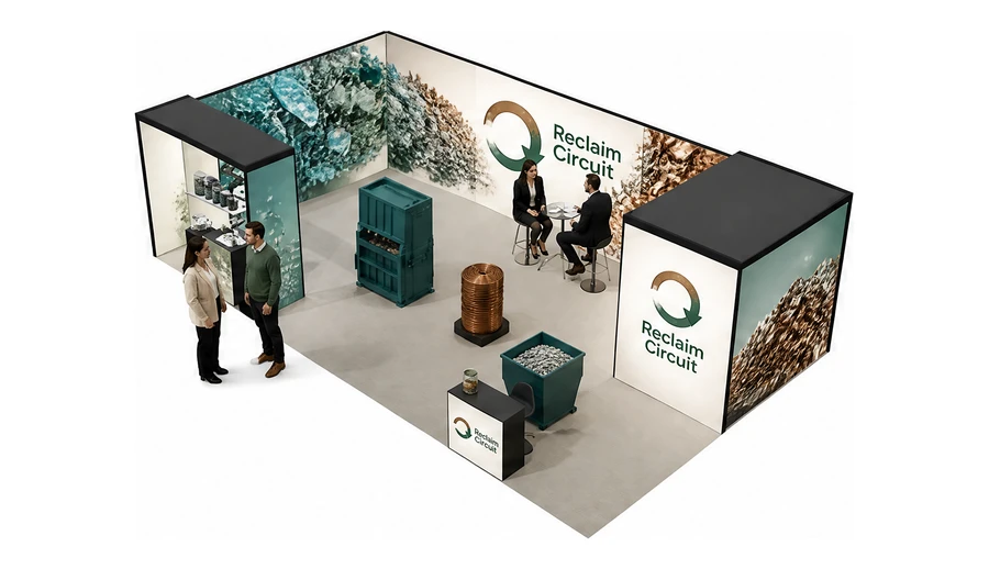 Stoisko 10 × 6 m narożne lewe dla branży recykling i ochrona środowiska, przykładowa marka Reclaim Circuit