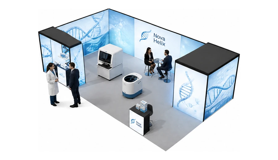 Stoisko 10 × 6 m narożne lewe dla branży farmacja i biotechnologia, przykładowa marka Nova Helix