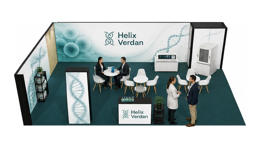 Stoisko 10 × 6 m narożne lewe dla branży farmacja i biotechnologia, przykładowa marka Helix Verdan