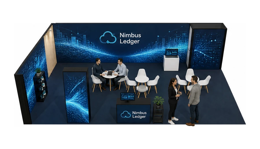 Stoisko 10 × 6 m narożne lewe dla branży sztuczna inteligencja i dane, przykładowa marka Nimbus Ledger