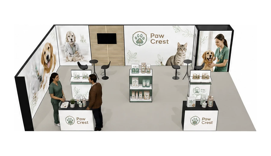 Stoisko 10 × 6 m narożne lewe dla branży weterynaria, przykładowa marka Paw Crest