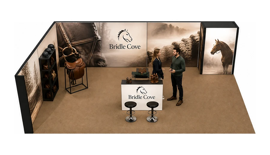 Stoisko 10 × 6 m narożne lewe dla branży jeździectwo, przykładowa marka Bridle Cove