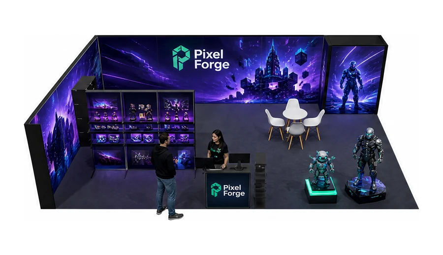 Stoisko 10 × 6 m narożne lewe dla branży gry wideo, przykładowa marka Pixel Forge