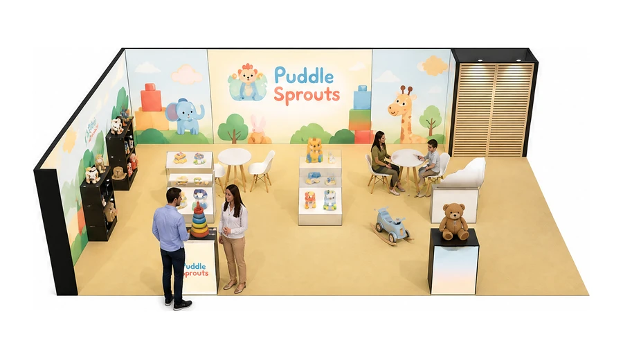 Stoisko 10 × 6 m narożne lewe dla branży zabawki i artykuły dziecięce, przykładowa marka Puddle Sprouts