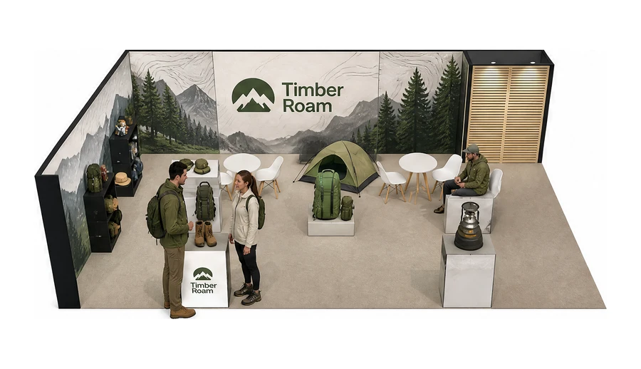 Stoisko 10 × 6 m narożne lewe dla branży odzież i sprzęt outdoorowy, przykładowa marka Timber Roam