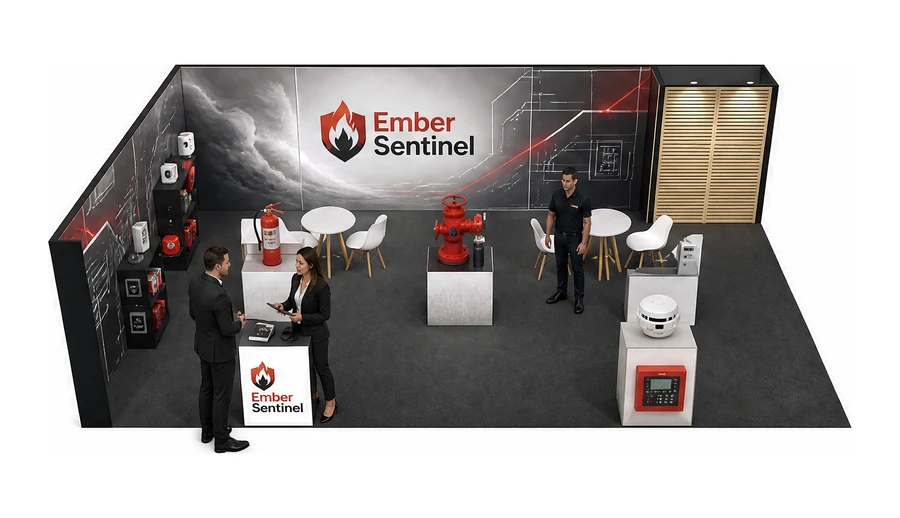 Stoisko 10 × 6 m narożne lewe dla branży ochrona przeciwpożarowa, przykładowa marka Ember Sentinel