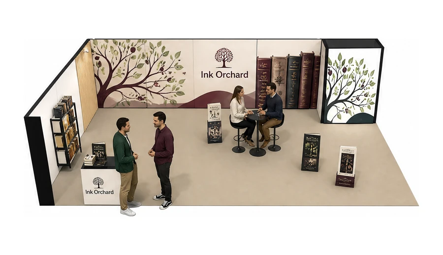 Stoisko 10 × 6 m narożne lewe dla branży wydawnictwa, przykładowa marka Ink Orchard