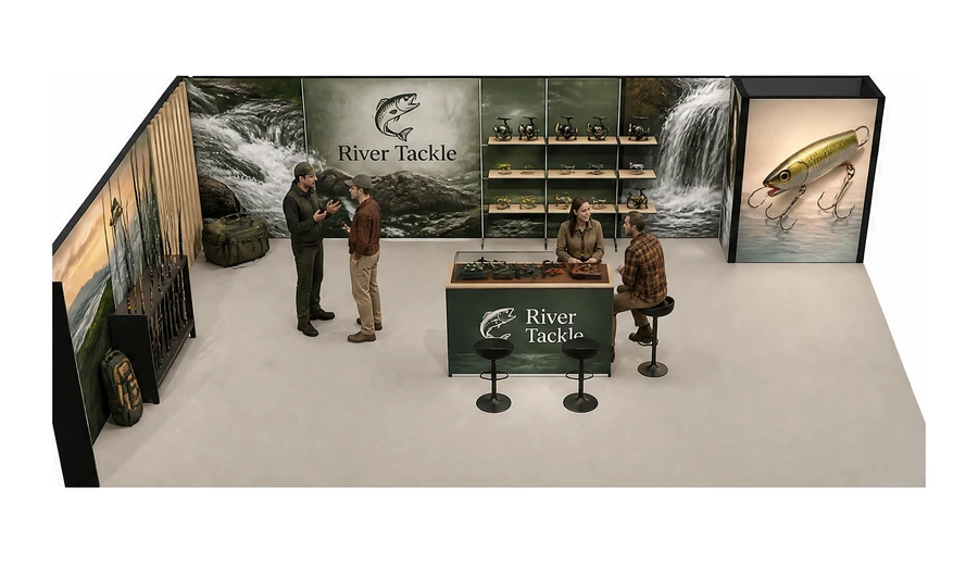 Stoisko 10 × 6 m narożne lewe dla branży wędkarstwo, przykładowa marka River Tackle