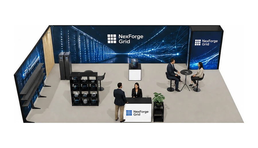 Stoisko 10 × 6 m narożne lewe dla branży infrastruktura IT i data center, przykładowa marka NexForge Grid
