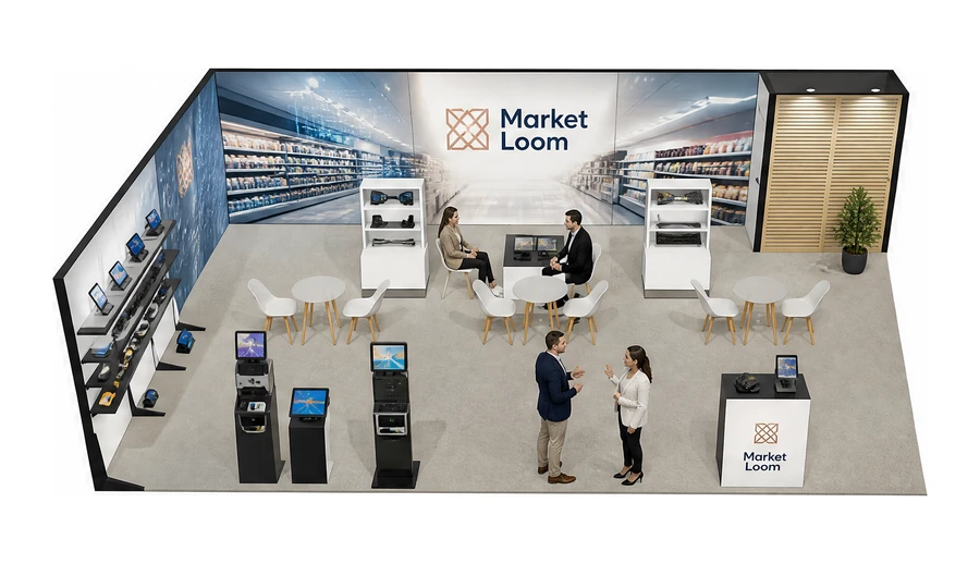Stoisko 10 × 6 m narożne lewe dla branży technologie dla handlu, przykładowa marka Market Loom