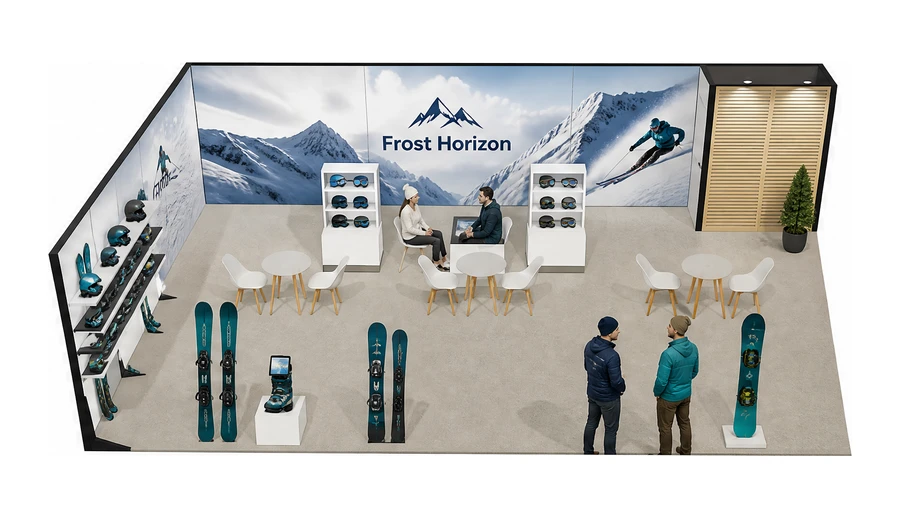 Stoisko 10 × 6 m narożne lewe dla branży narciarstwo i sporty zimowe, przykładowa marka Frost Horizon