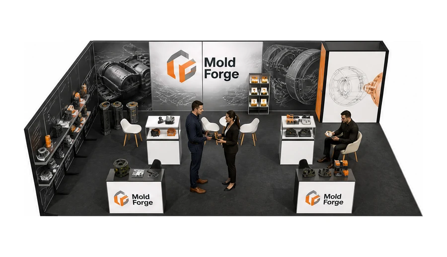 Stoisko 10 × 6 m narożne lewe dla branży przetwórstwo tworzyw, przykładowa marka Mold Forge
