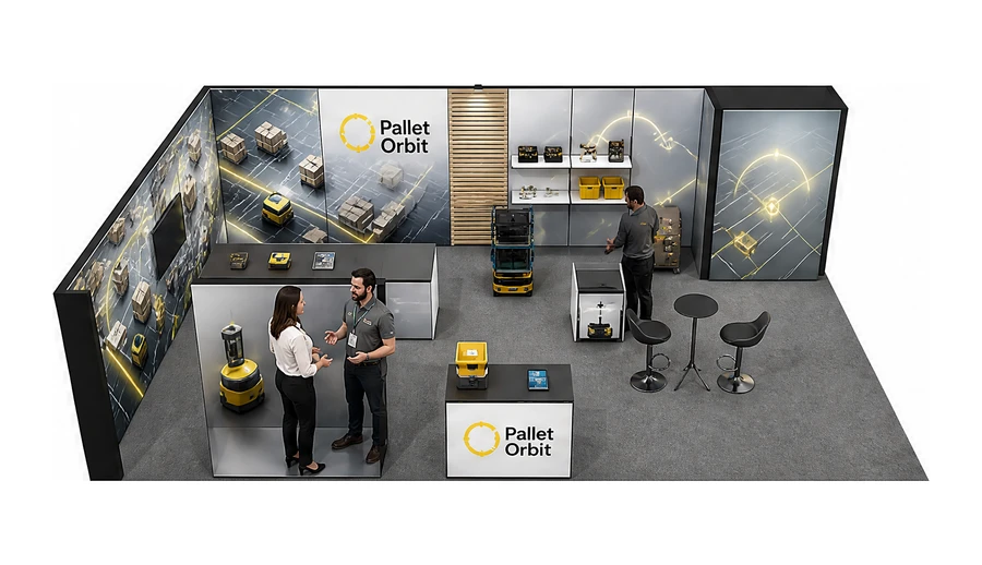 Stoisko 10 × 6 m narożne lewe dla branży intralogistyka i magazyn, przykładowa marka Pallet Orbit
