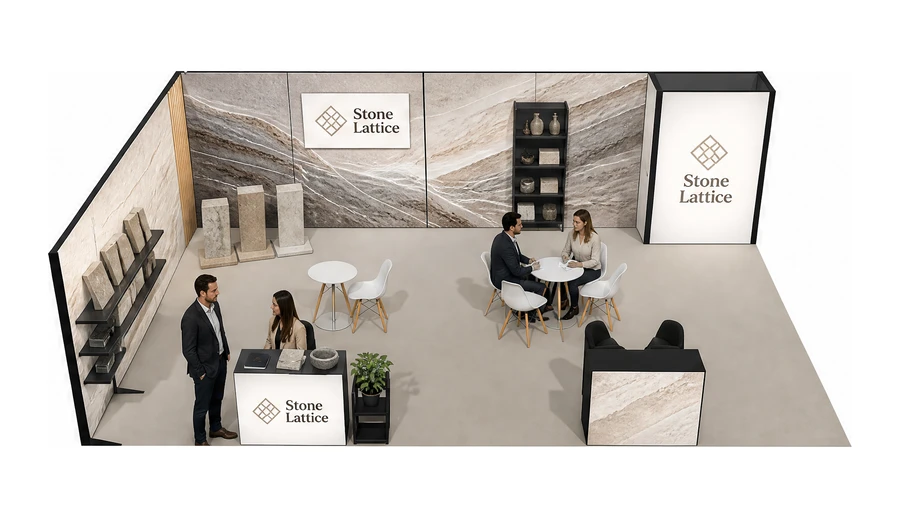 Stoisko 10 × 6 m narożne lewe dla branży kamień i kamieniarstwo, przykładowa marka Stone Lattice