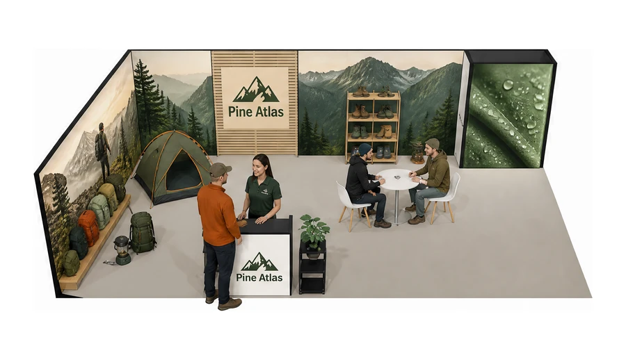Stoisko 10 × 6 m narożne lewe dla branży odzież i sprzęt outdoorowy, przykładowa marka Pine Atlas