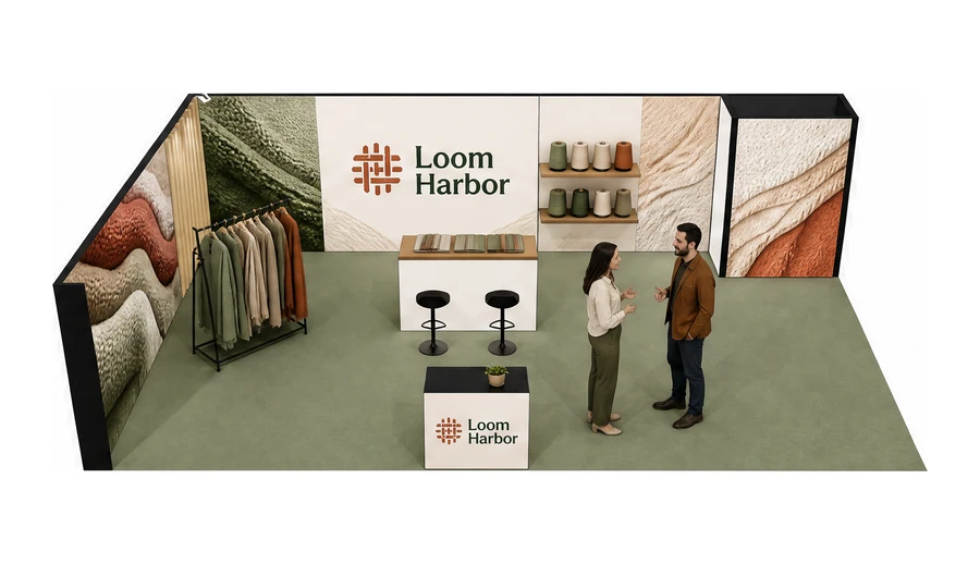 Stoisko 10 × 6 m narożne lewe dla branży tekstylia i tkaniny, przykładowa marka Loom Harbor