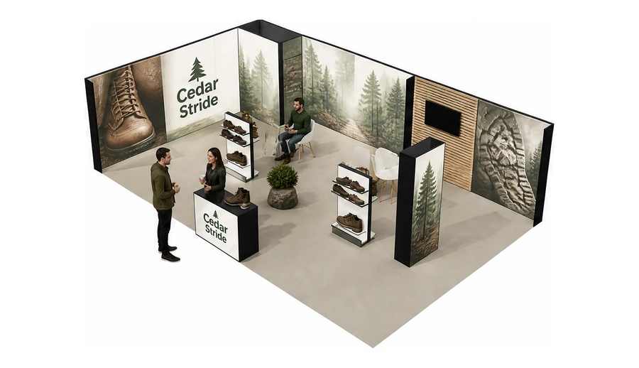 Stoisko 10 × 6 m narożne lewe dla branży obuwie, przykładowa marka Cedar Stride
