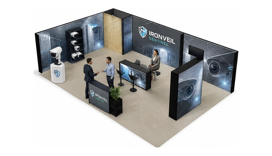 Stoisko 10 × 6 m narożne lewe dla branży systemy zabezpieczeń, przykładowa marka Ironveil Sentinel