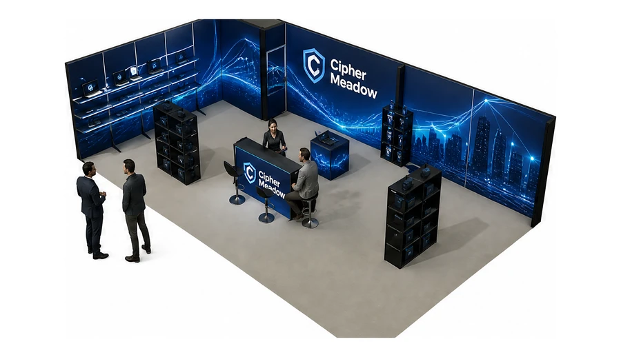 Stoisko 10 × 6 m narożne lewe dla branży cyberbezpieczeństwo, przykładowa marka Cipher Meadow