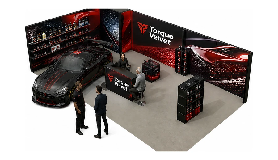 Stoisko 10 × 6 m narożne lewe dla branży tuning i detailing, przykładowa marka Torque Velvet