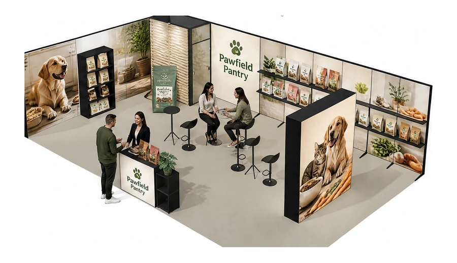 Stoisko 10 × 6 m narożne lewe dla branży karma dla zwierząt, przykładowa marka Pawfield Pantry