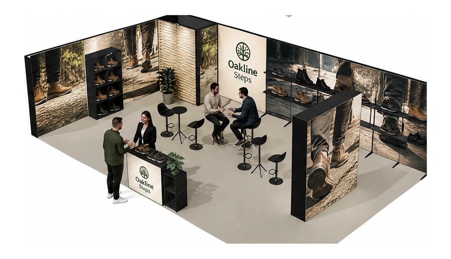 Stoisko 10 × 6 m narożne lewe dla branży obuwie, przykładowa marka Oakline Steps