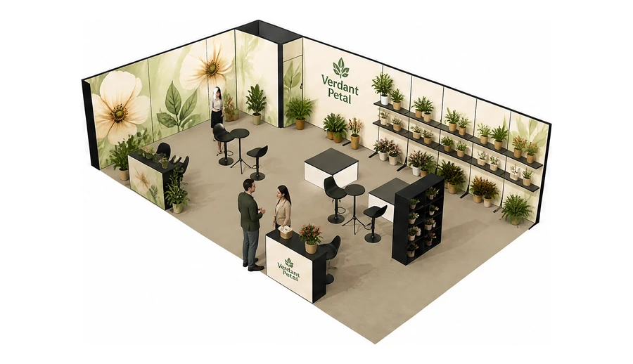Stoisko 10 × 6 m narożne lewe dla branży rośliny i kwiaciarstwo, przykładowa marka Verdant Petal