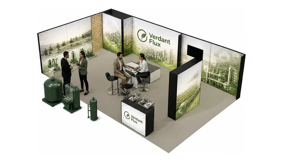 Stoisko 10 × 6 m narożne lewe dla branży biogaz i OZE, przykładowa marka Verdant Flux