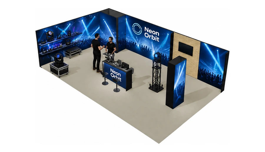 Stoisko 10 × 6 m narożne lewe dla branży branża eventowa, przykładowa marka Neon Orbit