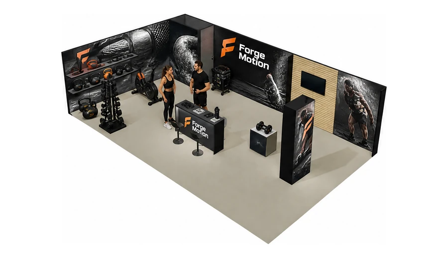 Stoisko 10 × 6 m narożne lewe dla branży fitness i siłownie, przykładowa marka Forge Motion