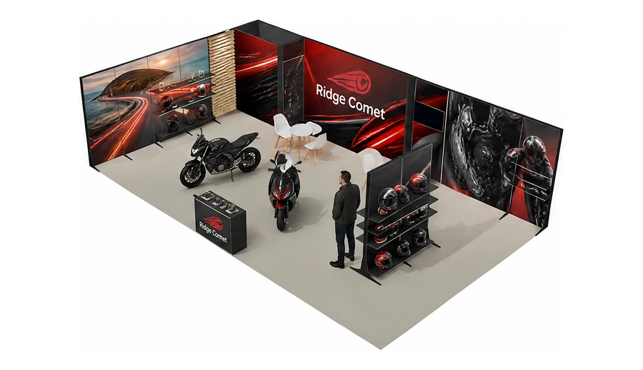 Stoisko 10 × 6 m narożne lewe dla branży motocykle i skutery, przykładowa marka Ridge Comet