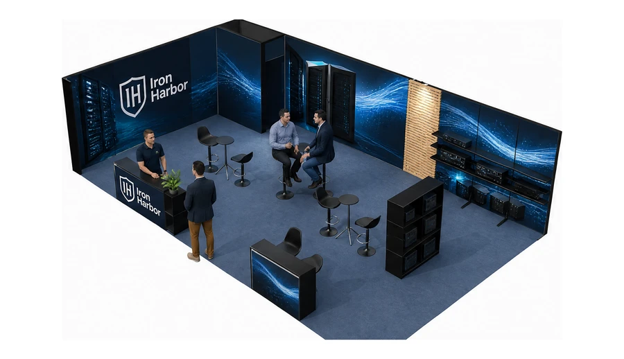 Stoisko 10 × 6 m narożne lewe dla branży infrastruktura IT i data center, przykładowa marka Iron Harbor