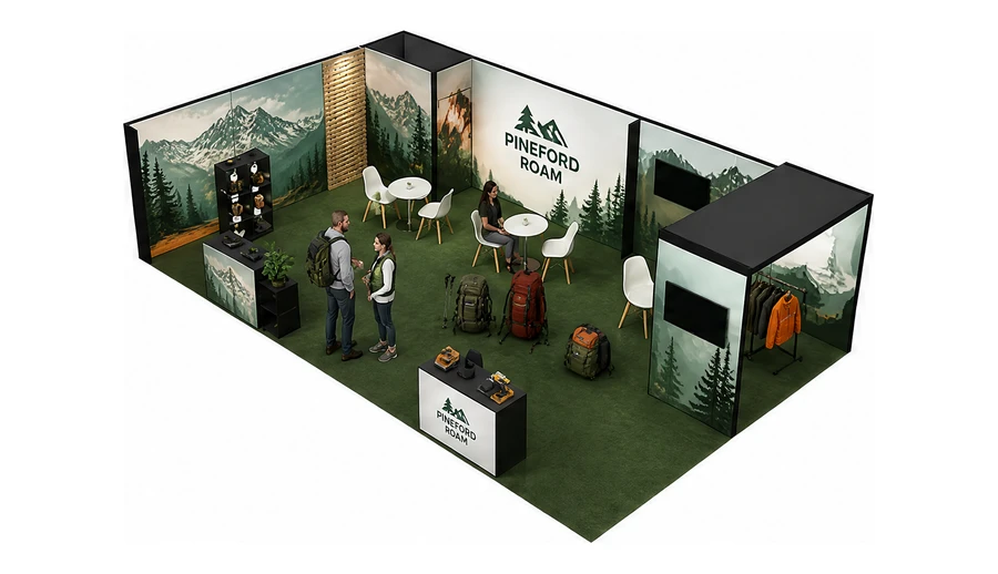 Stoisko 10 × 6 m narożne lewe dla branży odzież i sprzęt outdoorowy, przykładowa marka Pineford Roam
