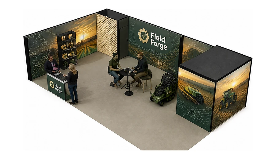Stoisko 10 × 6 m narożne lewe dla branży maszyny rolnicze, przykładowa marka Field Forge