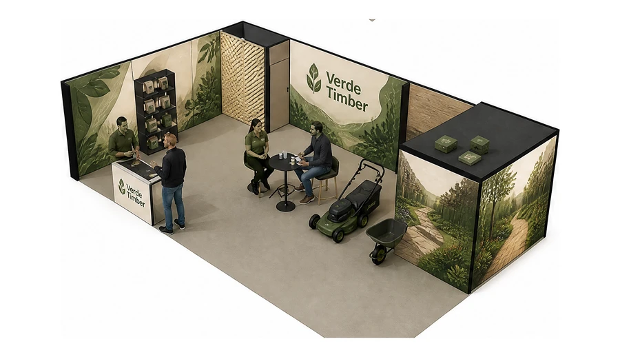 Stoisko 10 × 6 m narożne lewe dla branży ogród i architektura krajobrazu, przykładowa marka Verde Timber