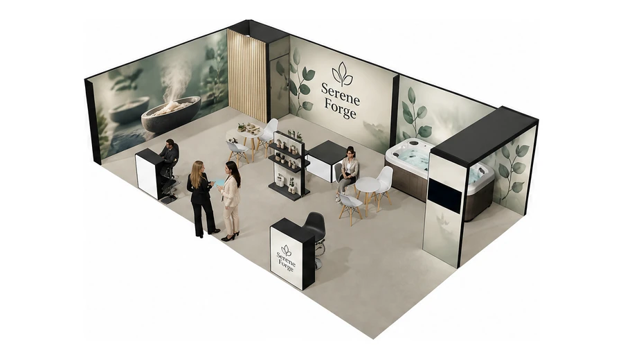 Stoisko 10 × 6 m narożne lewe dla branży spa i wellness, przykładowa marka Serene Forge
