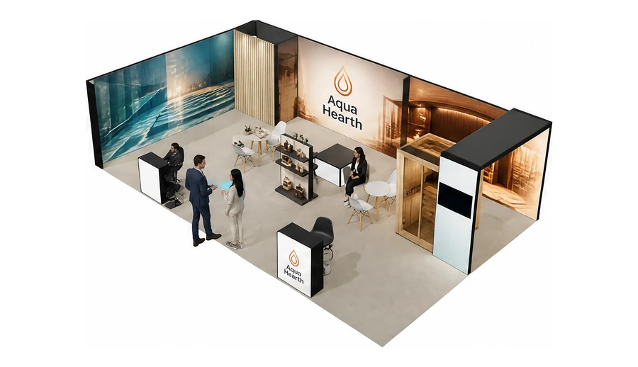 Stoisko 10 × 6 m narożne lewe dla branży baseny i sauny, przykładowa marka Aqua Hearth