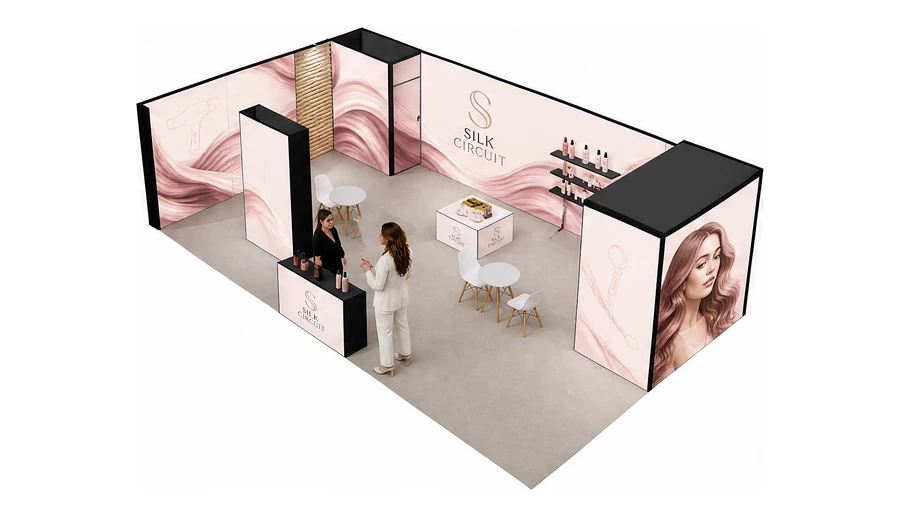 Stoisko 10 × 6 m narożne lewe dla branży fryzjerstwo i salony beauty, przykładowa marka Silk Circuit