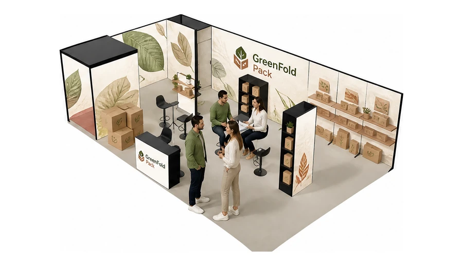 Stoisko 10 × 6 m narożne lewe dla branży opakowania ekologiczne, przykładowa marka GreenFold Pack