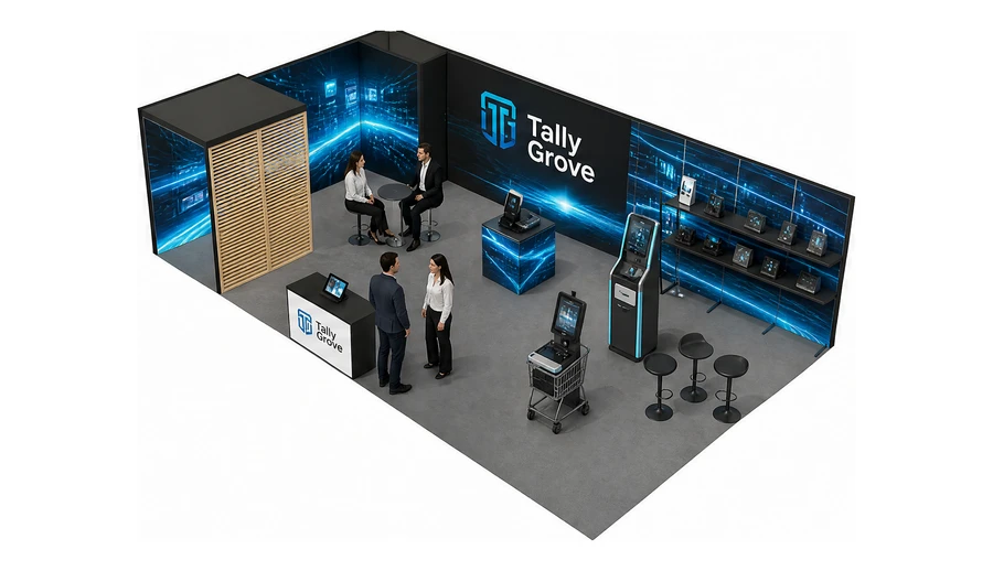 Stoisko 10 × 6 m narożne lewe dla branży technologie dla handlu, przykładowa marka Tally Grove